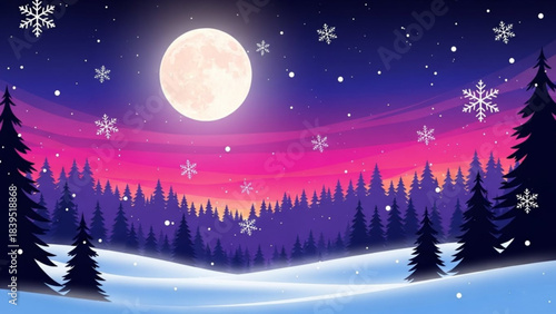 Winter Wonderland: A picturesque winter scene unfolds, a serene panorama of snow-covered landscape under a brilliant full moon, with delicate snowflakes falling, set against the backdrop of a vibrant.
