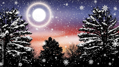 Winter Wonderland: Enchanting winter scene features a full moon glowing radiantly in a star-speckled sky as delicate snowflakes gently fall amidst a silhouette of frost-covered trees.