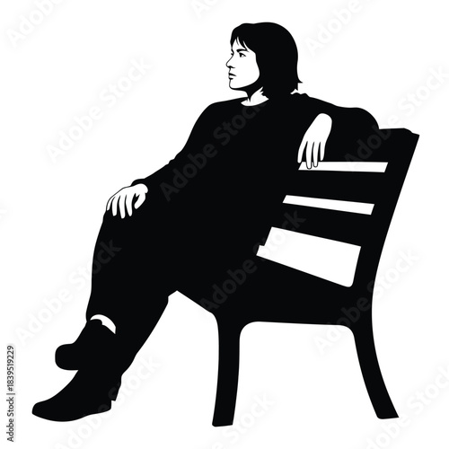 Graphic silhouette of a thoughtful male sitting on a bench, pensive.