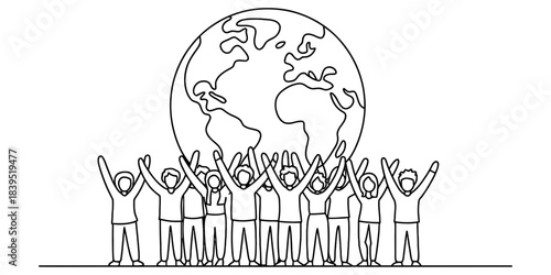 United group of diverse people raise hands in joy and support for planet earth, symbolizing global unity, teamwork, community, and environmental awareness. Vector, illustration