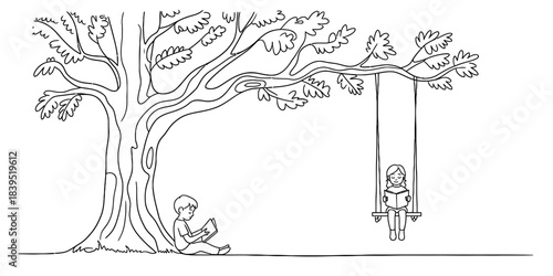 Children engaged in quiet reading under a sprawling tree, one boy sits peacefully on the ground, another girl enjoys a book while gently swinging outdoors Vector, illustration