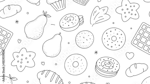 Hand-drawn doodle pattern of baked goods and fruits perfect for food blogs recipe cards and cafe menus isolated on white background