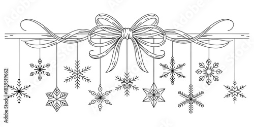 Ornate hand-drawn line art illustration featuring a decorative ribbon bow centrally placed above an arrangement of unique, intricate hanging snowflakes. Vector, illustration