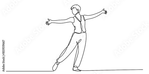 Continuous one line art drawing of a happy energetic person dancing with arms wide open, expressing joy, freedom, and positive movement, isolated minimal vector graphic. Vector, illustration