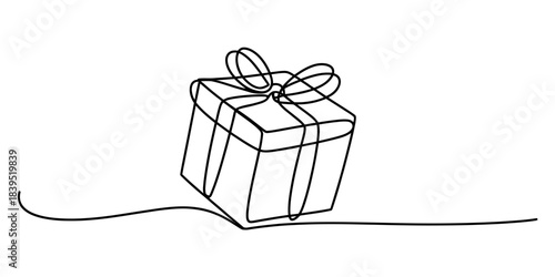 One continuous line art illustration depicting a minimalist gift box with a ribbon bow, symbolizing presents, birthdays, holidays, and joyous celebration. Vector, illustration