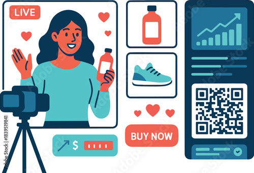 Live Shopping Studio with Real-Time Conversion Ticker — Broadcast Vector