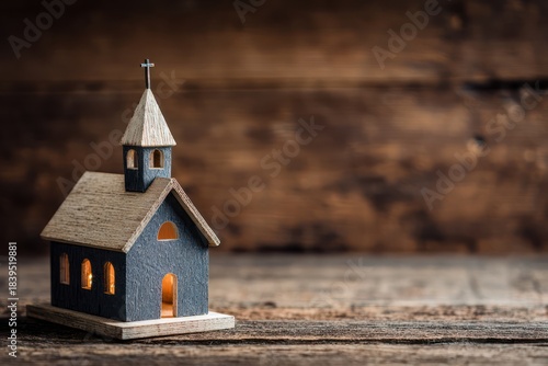 Miniature church model on wood representing hope and spiritual peace