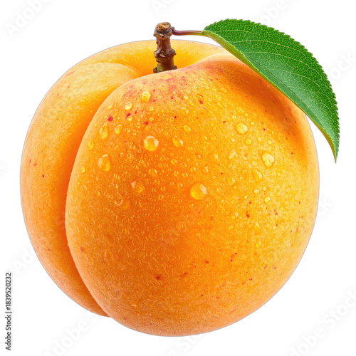 A vibrant, dew-kissed apricot with a single green leaf against a stark black background.