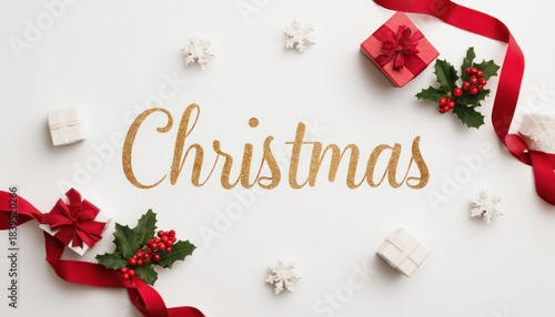Centered gold Christmas wordmark with gentle arc surrounded by festive decorations, including red ribbons, holly, and gift boxes for a joyful holiday atmosphere