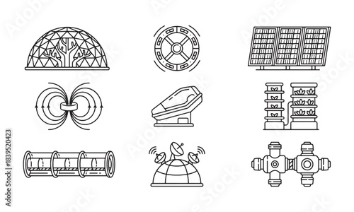 Futuristic agriculture and space exploration line icons set for technology and sustainability