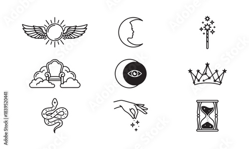 Mythical and spiritual line icons set for esoteric design and ancient symbolism concepts