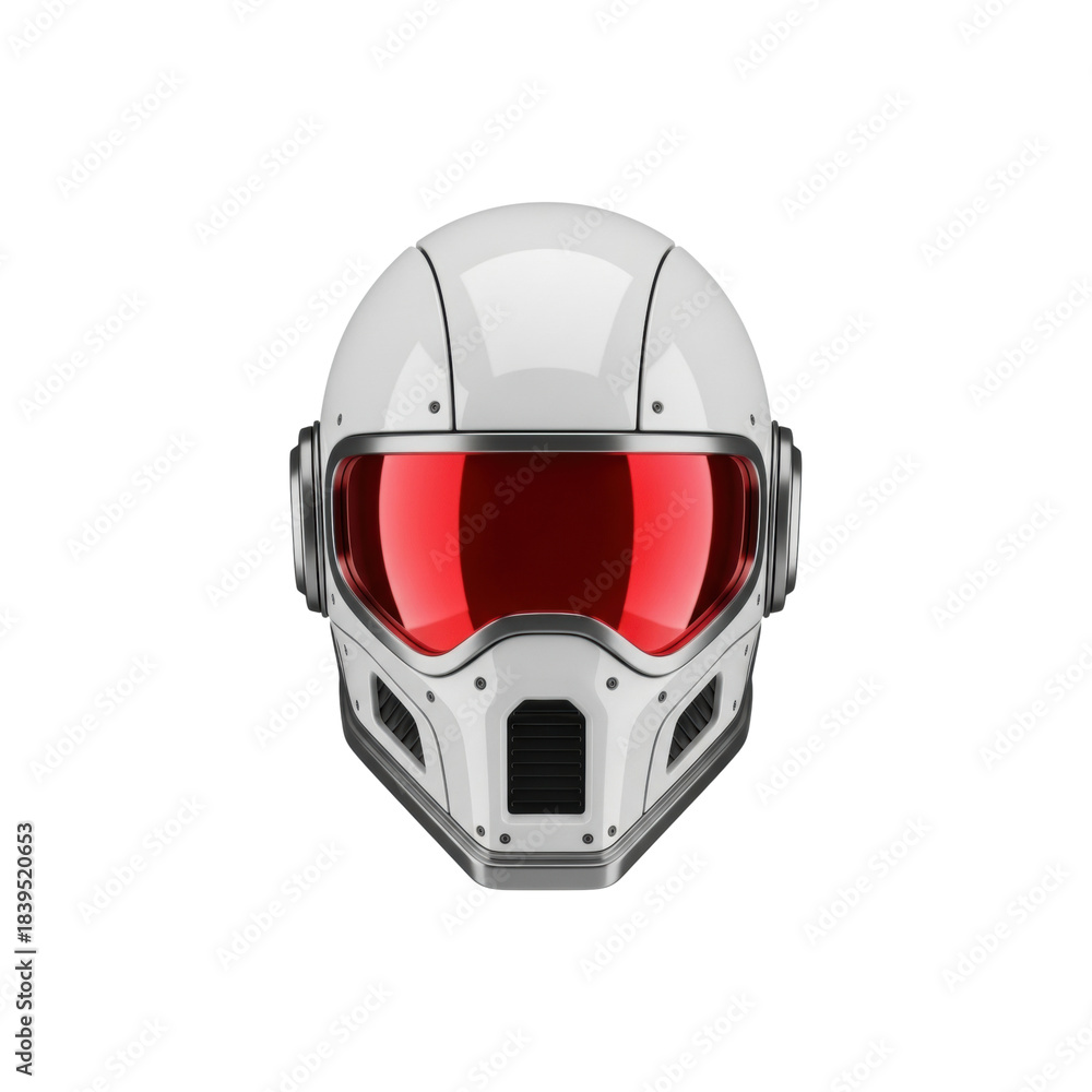Fototapeta premium Futuristic white sci-fi helmet with a large red reflective visor and metallic details, featuring a glossy finish and symmetrical design in a studio lighting setup