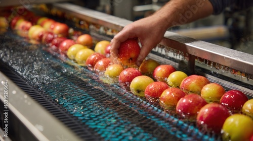 Hand placing fresh apples into a flume washing section where they exit a water bath, showcasing the fruit processing and cleaning procedure