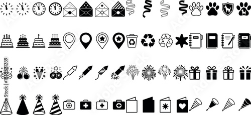 Modern flat design vector icon set showcasing many everyday concepts like time mail pets celebrations and medical needs