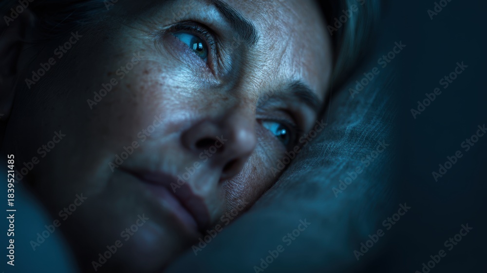 Fototapeta premium Middle aged woman lying awake in bed at night with insomnia, close up portrait with blue moonlight, sleepless mature female with sad thoughtful expression