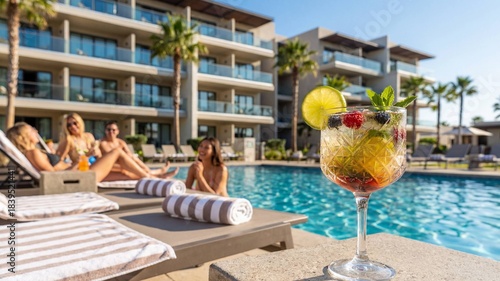 Poolside cocktail with hotel in background and relaxing people  