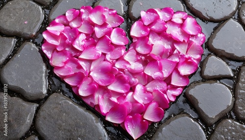 Pink petal heart sitting on a leaf-strewn wet shiny paving stone, photography, romance, beautiful flower, cutest, flower petals, looks cute, dried petals, close-up, stone-heart,