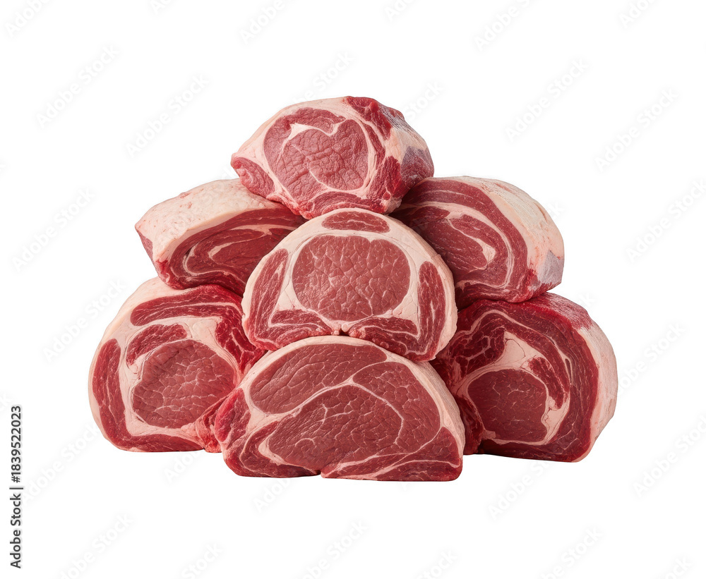 Obraz premium Stack of fresh raw beef ribeye steaks isolated on transparent background