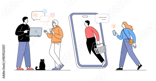 Modern people cartoon characters design shopping, chatting, working online