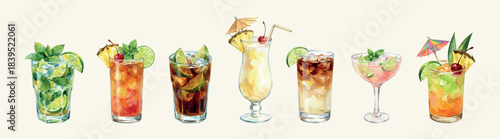 Rum classic cocktails set - 7 vector illustrations isolated on white, mojito, cuba libre, daiquiri, pina colada, mai tai, dark and stormy, zombie