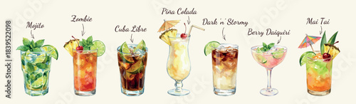 Rum classic cocktails set - 7 vector illustrations isolated on white, mojito, cuba libre, daiquiri, pina colada, mai tai, dark and stormy, zombie