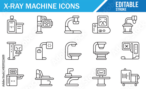 Hospital x-ray imaging linear icons collection, diagnostic equipment symbols