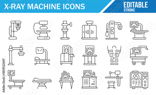 Radiology and x-ray scanner outline icon set, medical technology vector pack