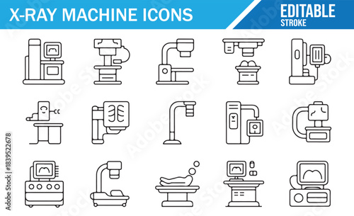 X-ray machine outline icons set, medical imaging and radiology vector symbols