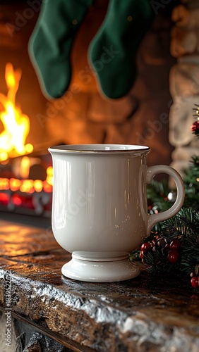 Cozy White Mug By Fireplace With Christmas Stockings and Tree