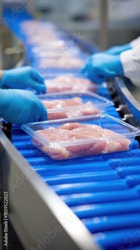 Gloved hands carefully aligning clear trays of raw chicken on a conveyor belt in a food processing facility, showcasing precision in food packaging