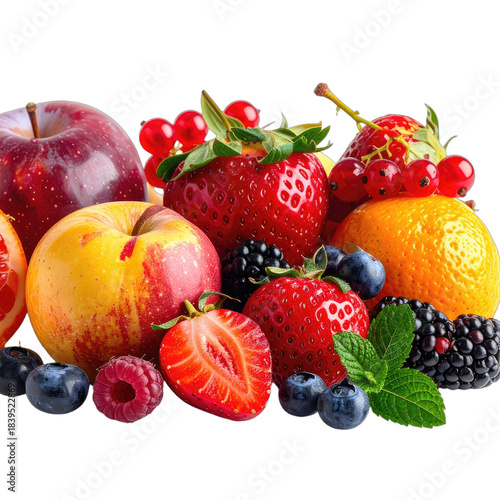 A vibrant arrangement of assorted fresh fruits isolated against a solid black background.