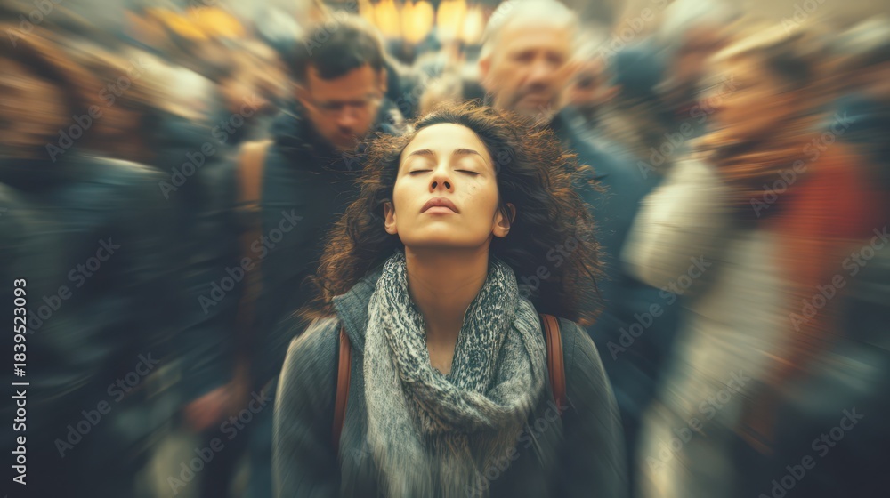 Fototapeta premium Portrait of Woman Meditating Amidst Blurred City Movement
