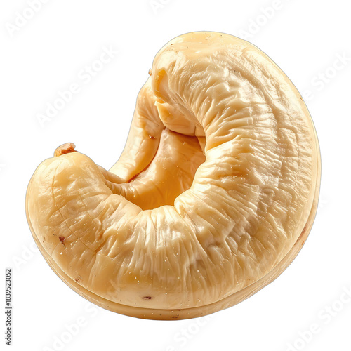 A highly detailed, close-up shot of a single, pale cashew nut against a solid black background.