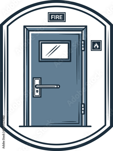 Fire Exit Door: An illustration of a fire exit door, equipped with a handle, window, and emergency signage, ready for use during a fire emergency. 