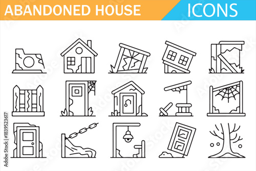 Ruined houses and abandoned property outline icon set, architectural decay symbols