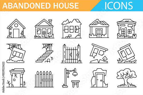 Deserted house and broken building outline icon collection