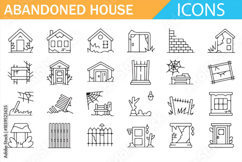 Abandoned house outline icon set, ruined buildings, broken windows, damaged doors and urban decay architecture symbols collection isolated on white background