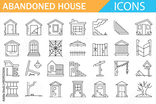 Abandoned house outline icons set, ruined building and urban decay vector symbols