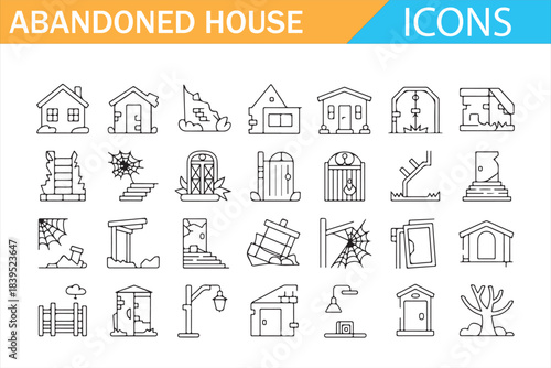 Abandoned building linear icons collection, broken home vector pack