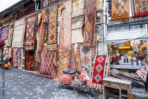 Street View of an Istanbul Bazaar with Handmade Turkish Carpets and Rugs on Display