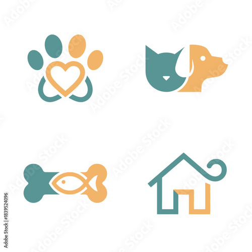 Minimalist vector logos and icons for pets, animals, dog, cat, care, and home businesses, in friendly teal orange shades.