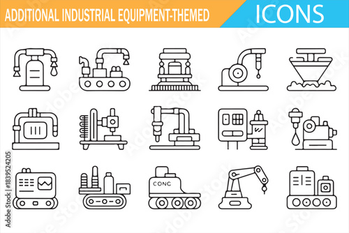 Industrial equipment outline icon set, factory machinery, manufacturing tools and production line symbols collection in thin line style isolated on white background