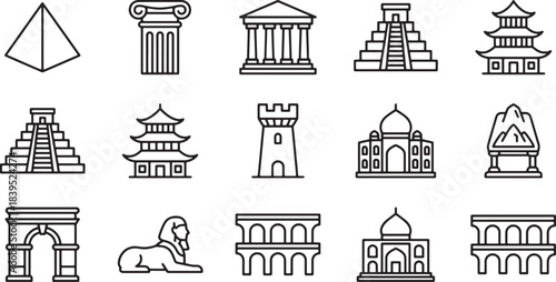 World famous ancient historical monuments and architectural wonders outline icons set
