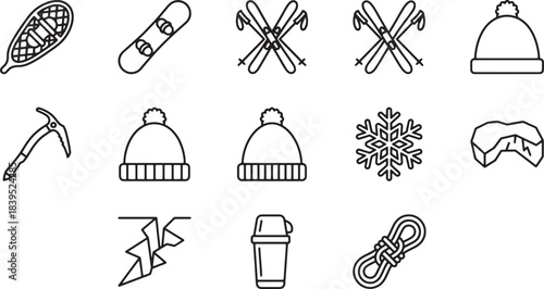 Set of 9 winter sports and mountaineering vector line icons for outdoor activities