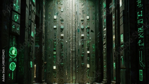 Sci Fi Engraved Rune Marble Plate Wall with Green Stones and Tech Circuit Channels