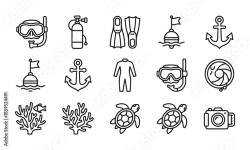 Underwater diving and marine life concept line icons set for ocean exploration and adventure