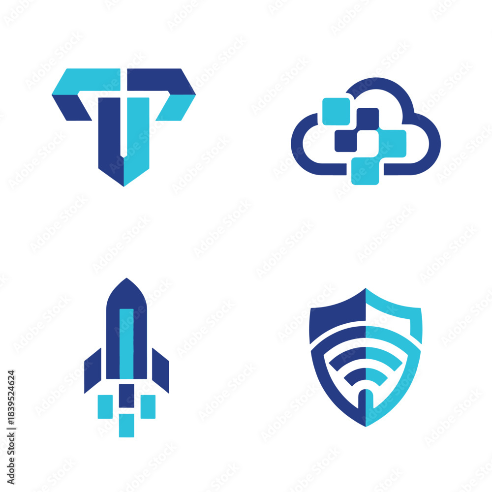 Obraz premium Set of modern abstract technology logos featuring digital icons like a cloud, rocket, and security shield, presented in vibrant blue for innovative branding.