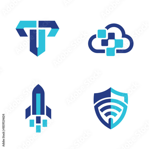 Set of modern abstract technology logos featuring digital icons like a cloud, rocket, and security shield, presented in vibrant blue for innovative branding.