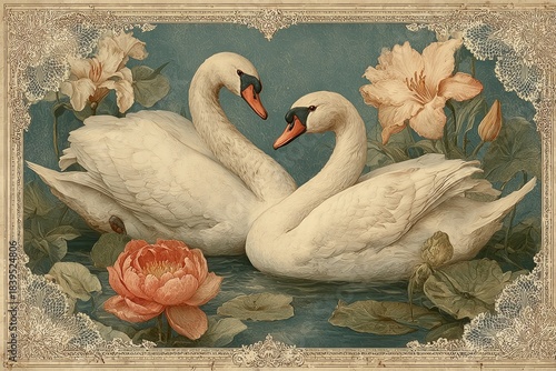 Fototapeta Naklejka Na Ścianę i Meble -  Serene Swan Embrace: A pair of elegant swans glide gracefully on calm water amidst blossoming flowers and intricate ornamentation, epitomizing serenity and enduring affection.