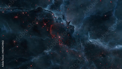Abstract Cosmic Nebula with Red Glowing Particles and Fragments